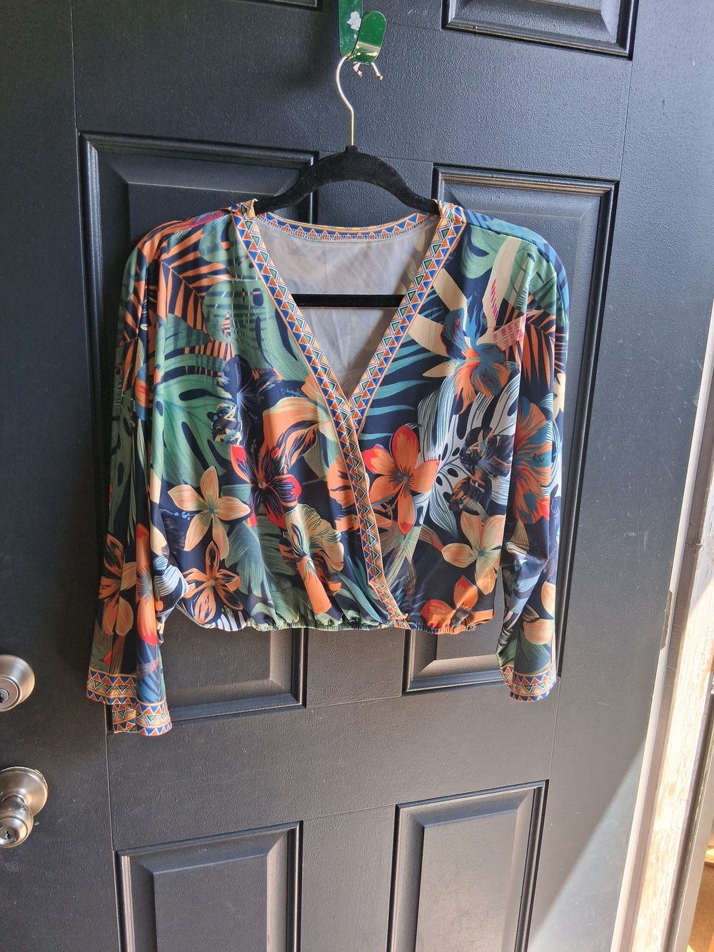 Tropical Wrap-Front Long Sleeve Top in Navy & Orange